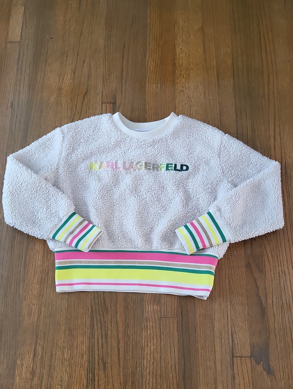 Karl Lagerfeld Kids Cream Sherpa Lined Sweatshirt with Pastel Stripe Trim